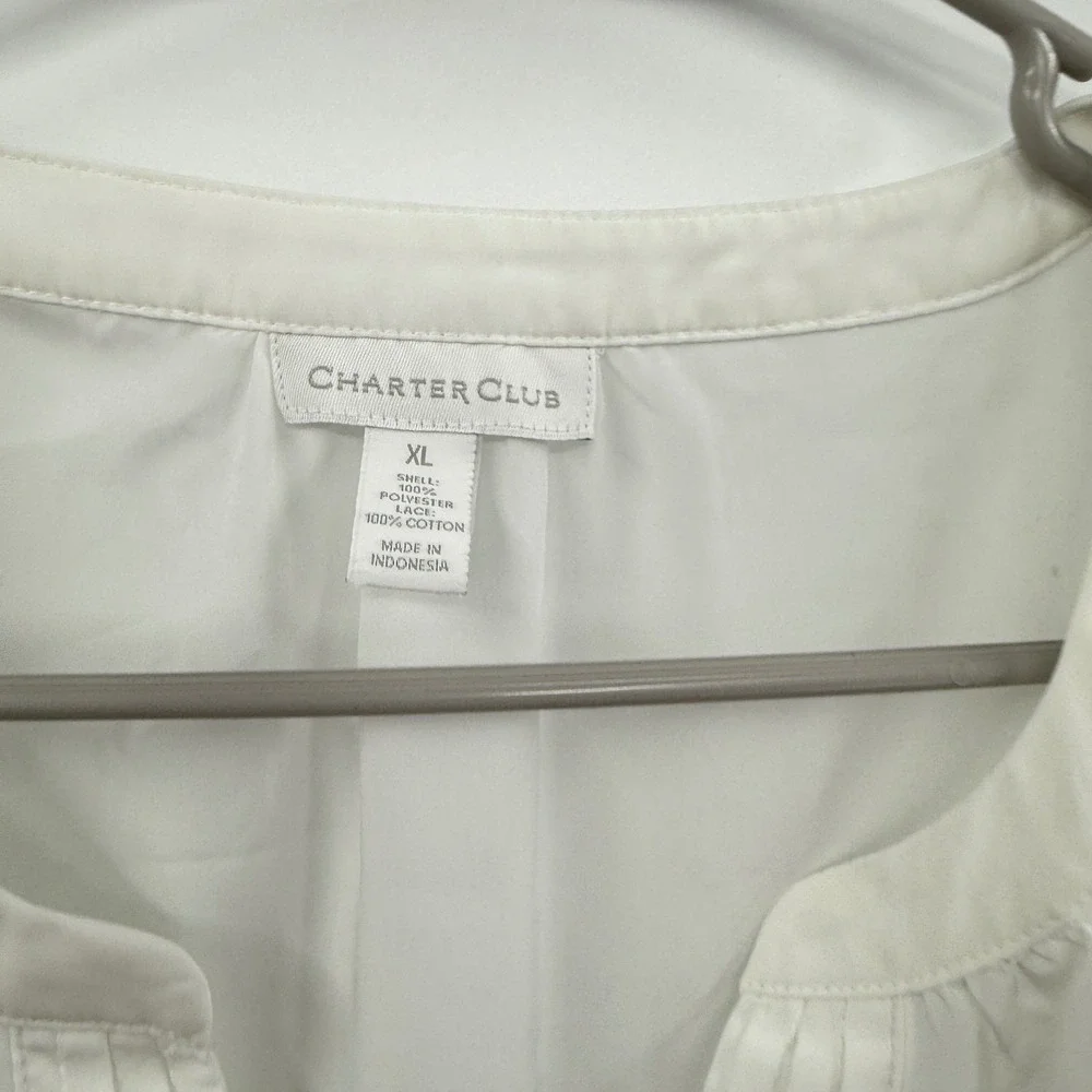 Charter Club White Blouse XL Long Sleeve Sheer Pleated‎ V Neck Lace Trim Women's